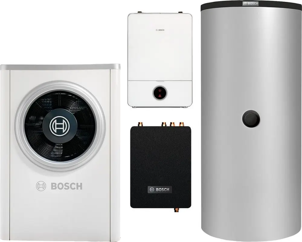 BOSCH Wärmepumpen-Komponenten, bestehend aus Außeneinheit mit Ventilator, Inneneinheit mit Steuerung, Verteilereinheit und einem Speicherbehälter.